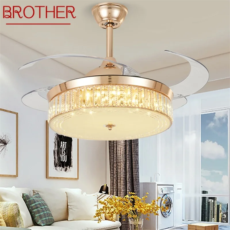 

BROTHER Ceiling Fan Light Invisible Gold Luxury Crystal LED Lamp With Remote Control Modern For Home