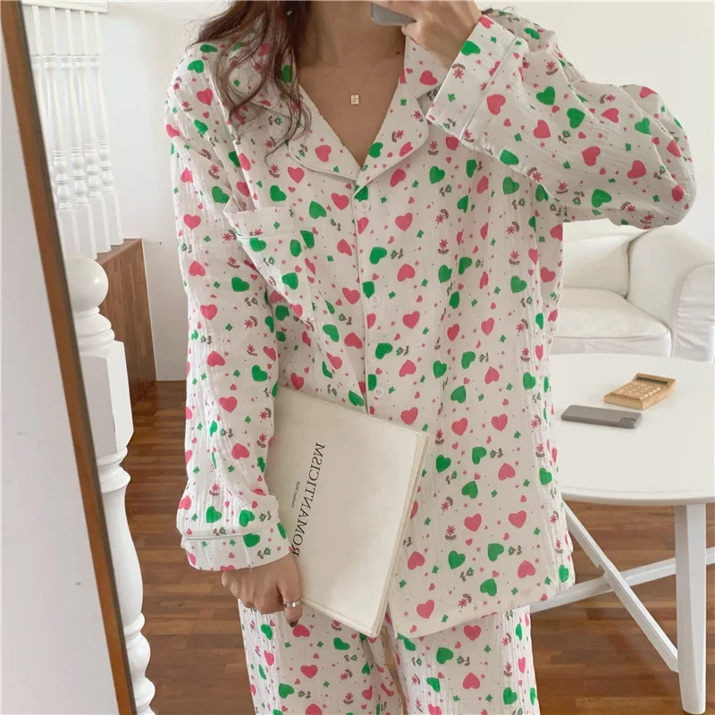 

CYNTHRA Women's Homewear Heart Gauze Color Love Long Sleeve Suit Female Cute Sleepwear Breathable Pajamas Set For Women