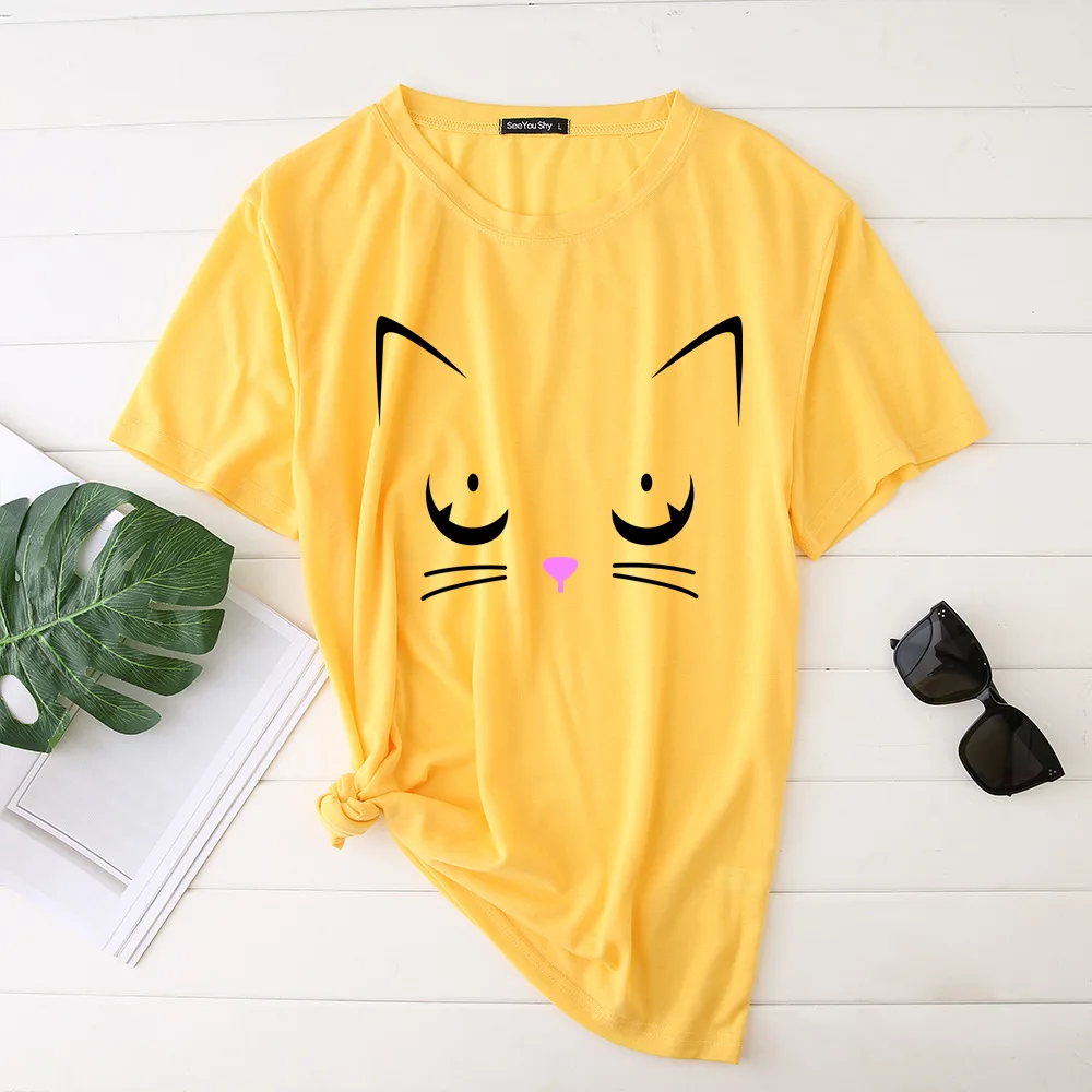

Casual Women's Fashion Cat Cartoon Printing T-shirt O-Neck Loose Short Sleeve Pullover Tops Summer Female T-shirt Women Clothing