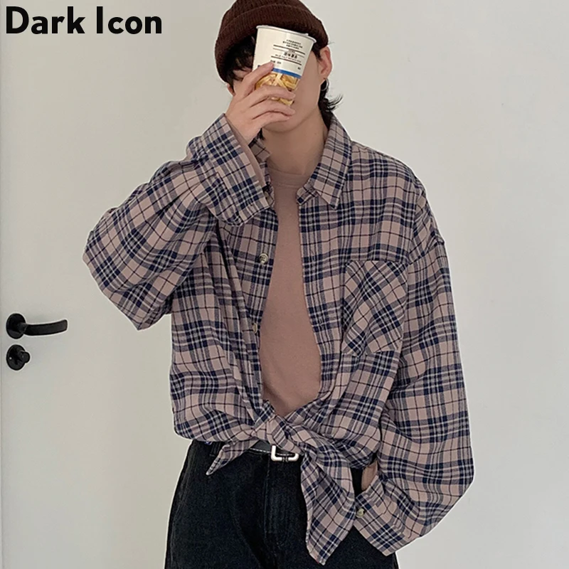 Темная икона клетчатая рубашка мужская Осенняя уличная винтажная Мужская с
