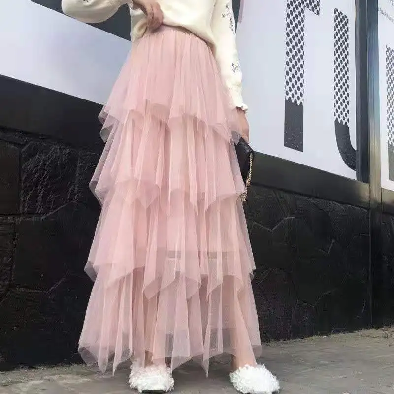 

Spring-Summer 2020 Long Mesh Irregular High Waist Skirt Woman Skirts Mujer Faldas Saias Mulher