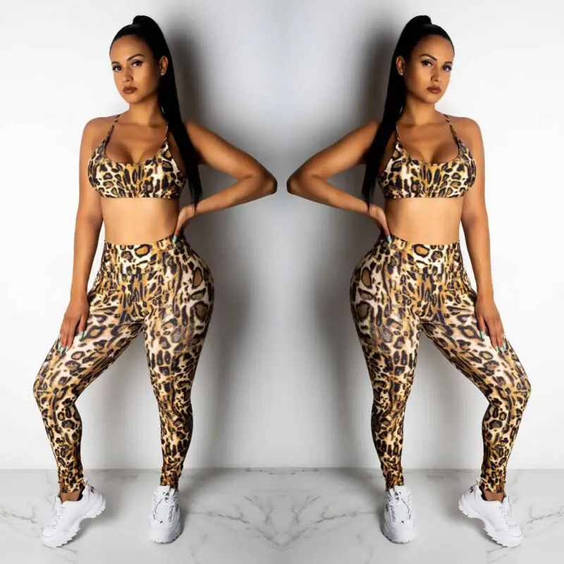 

Hot Women Casual Sleeveless Short Clothing Stretch Leopard Print Tracksuit Backless Sport Crop Top Skinny Pants Outfits