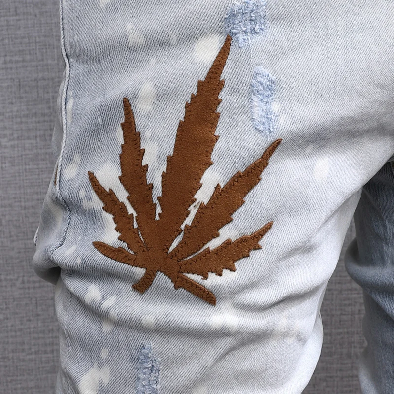 American Street Style Fashion Men Jeans Retro Light Blue Slim Fit Ripped Jeans Men Patches Designer Hip Hop Denim Punk Pants