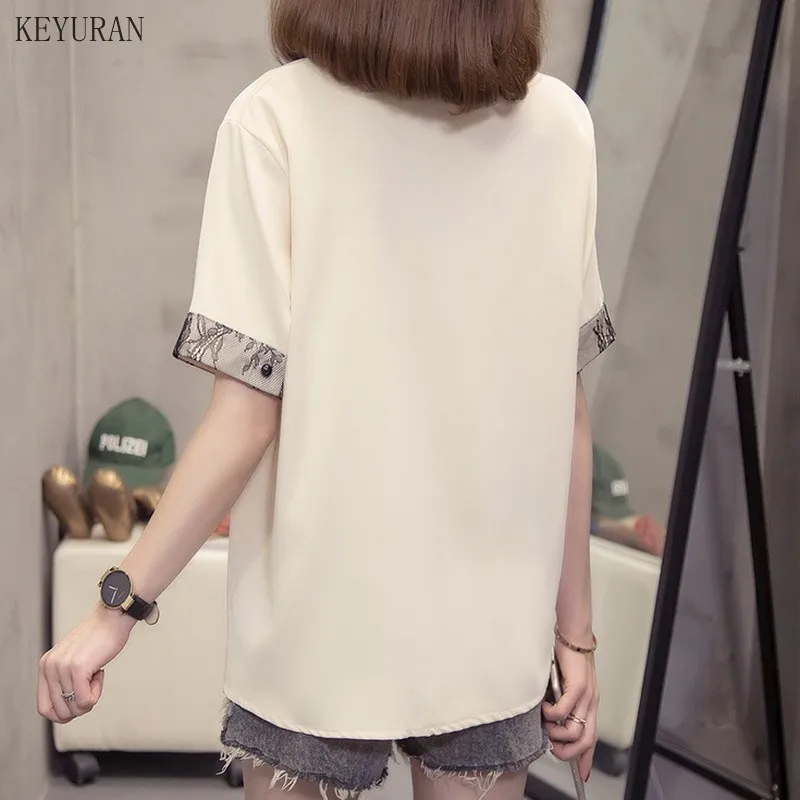 

Plus Size Shirt Women Summer 2021 New Short Sleeve White Blue Lace Patchwork Blouse Tops Office Ladies Elegant Work Wear Blusas