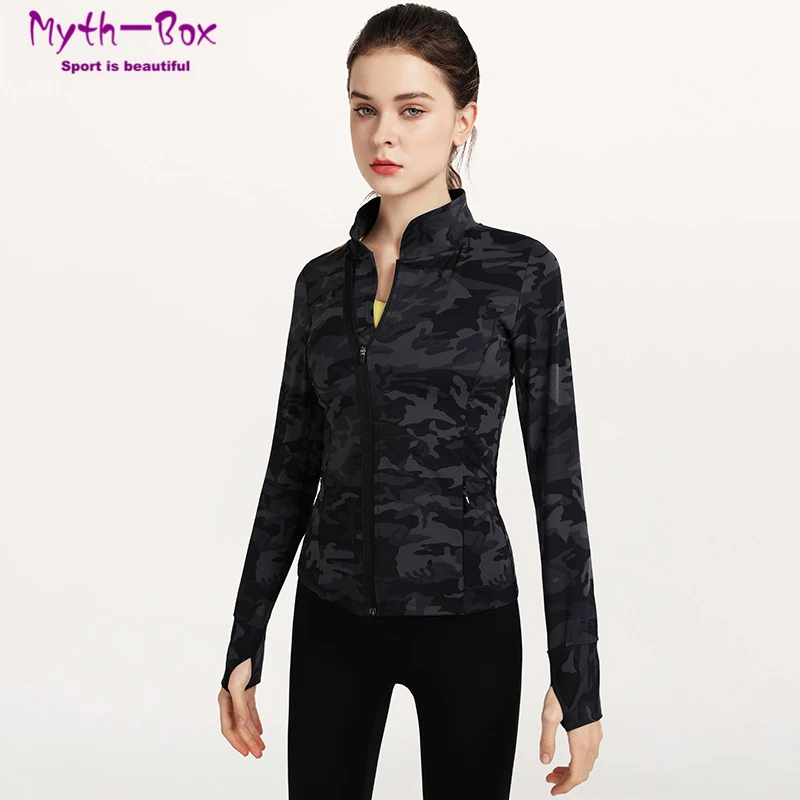 Women Camouflage Sports Jackets Zipper Yoga Coat Slim Running Jackets Long Sleeves Thumb Hole Sportwear Gym Workout Clothes Tops
