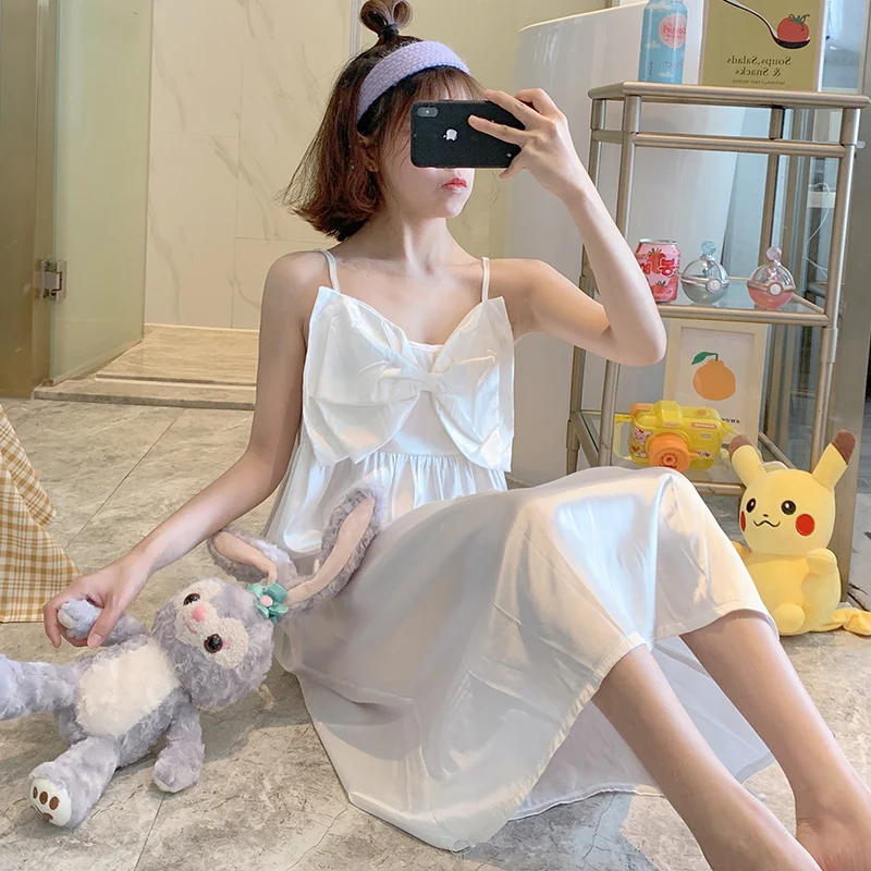 

Пижама на бретелях Женская Летняя шелковая ночная рубашка белая Новинка 2021 тонкая большая шелковая Домашняя одежда принцессы