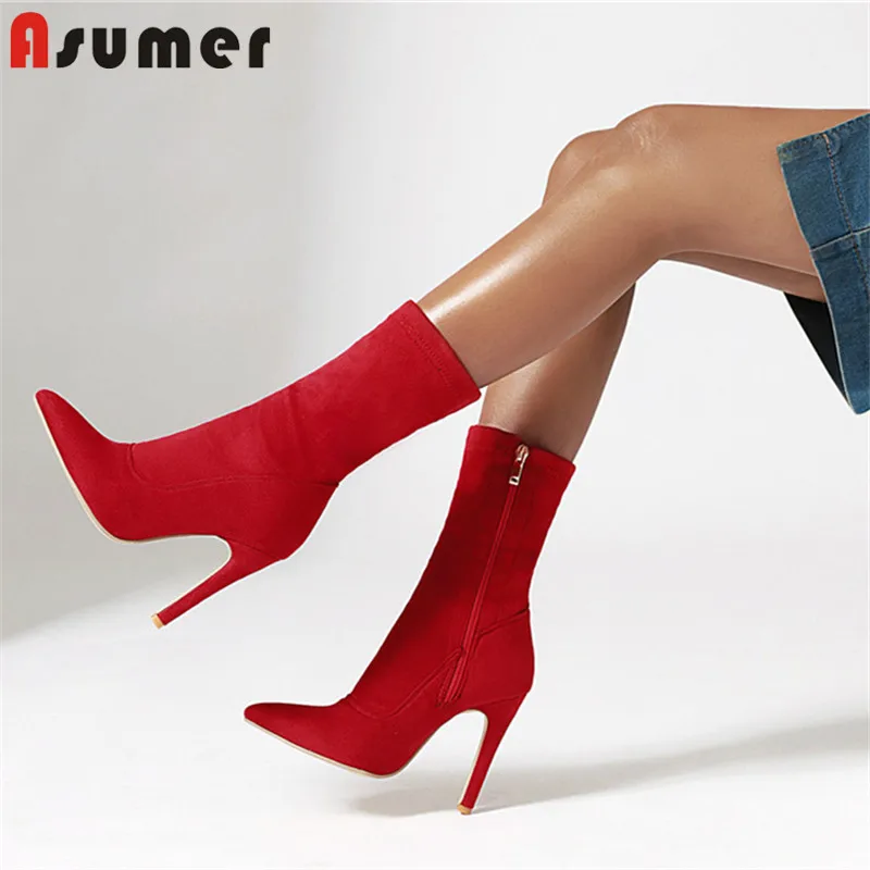 ASUMER/женские ботильоны из флока с острым носком на тонком высоком каблуке