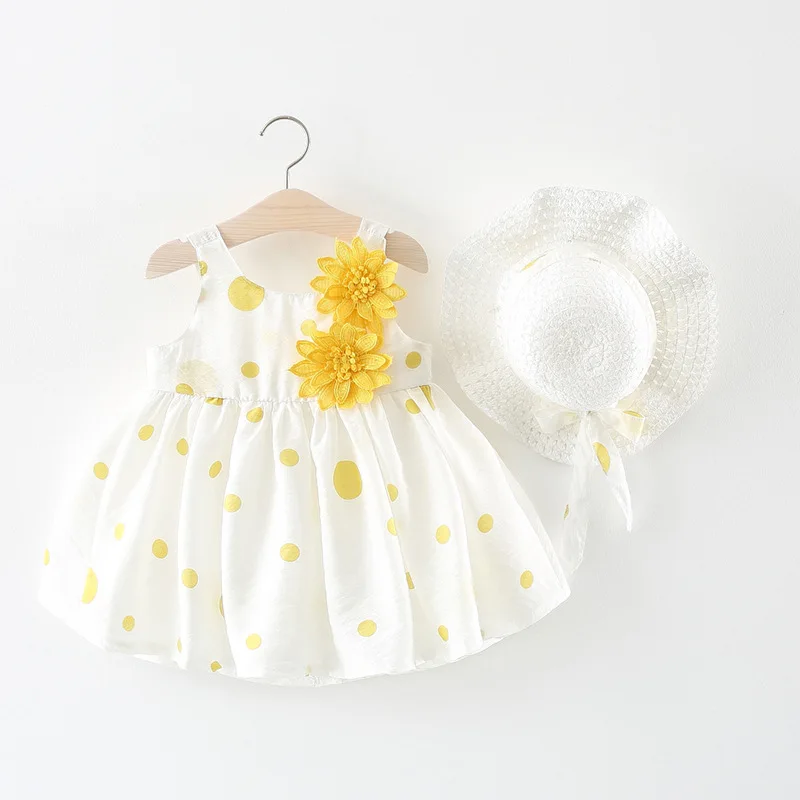 

Summer New Baby Girls' Flower Dress Girls' Polka Dot Princess Dress with Straw Hat
