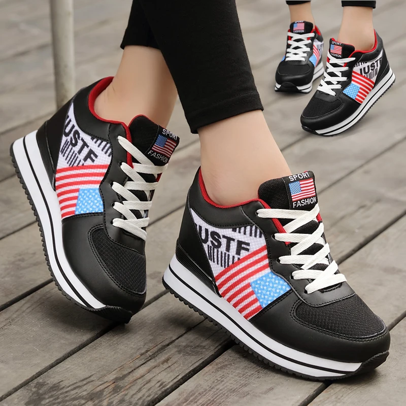 Женские кроссовки на шнуровке с принтом флага США Корейская Спортивная сетчатая