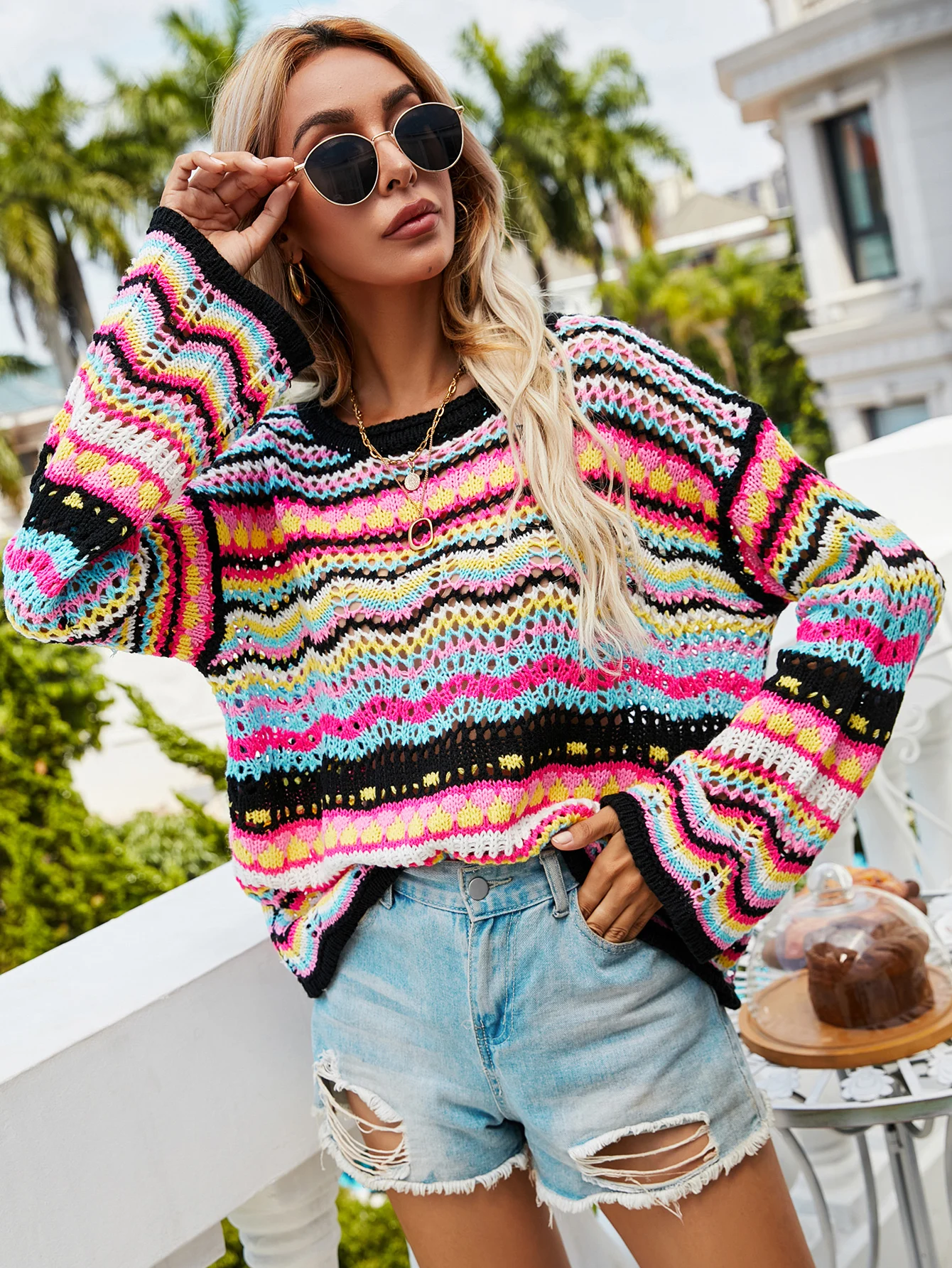 

2021 Autumn And Winter New Stitching Sweater Loose Color Rainbow Long-sleeved Round Neck Striped Sweater Women