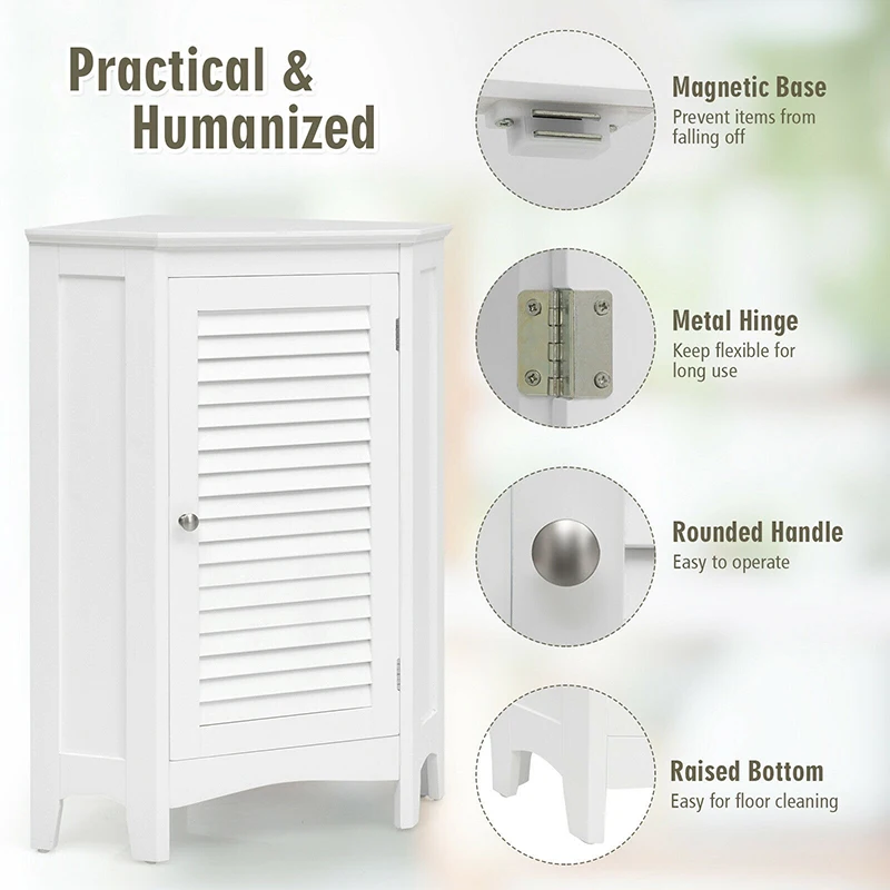 

Adjustable Shelf Corner Storage Cabinet Premium MDF Material Free Standing Shutter Door Triangular Structure Bathroom Cabinet
