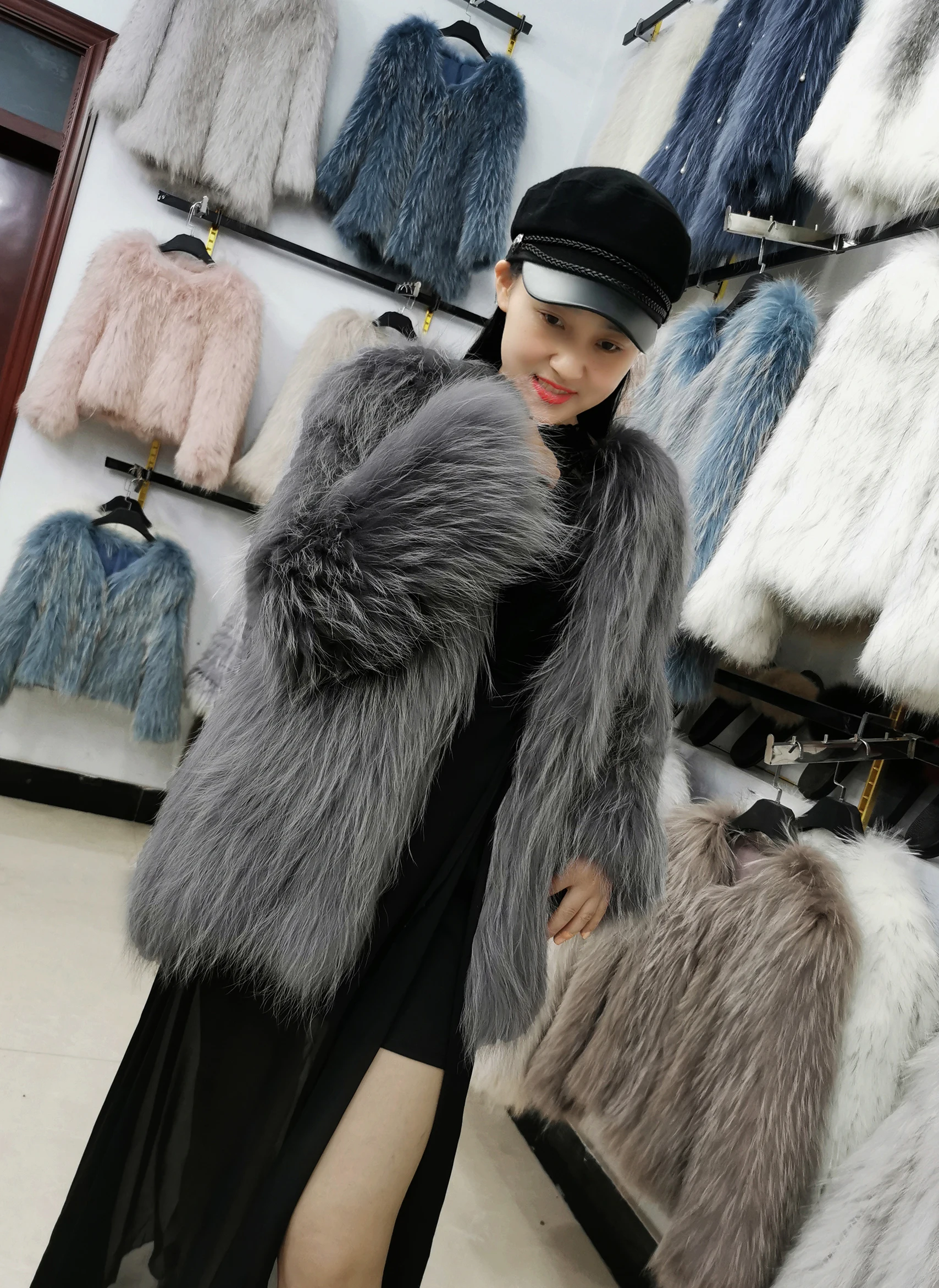 Fur raccoon fur woven jacket ladies winter fur jacket warm animal fur long-sleeved autumn jacket real animal fur woven