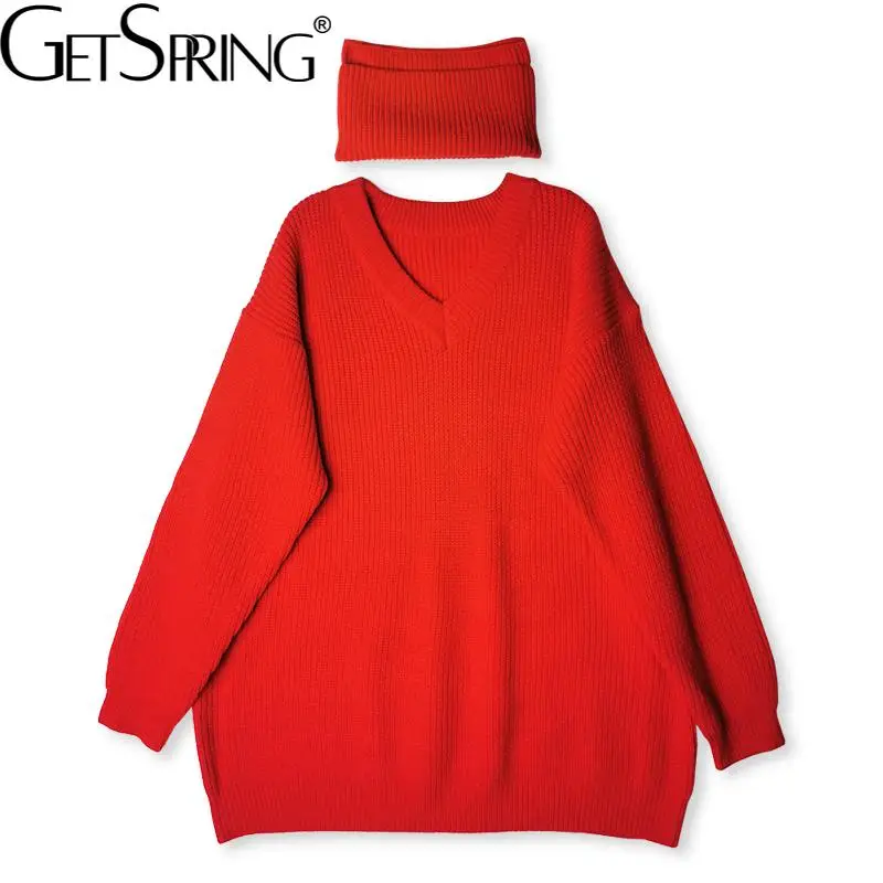 

Getspring Women Sweater V-neck Red Loose Casual Knitting Pullover Tops Plus Size Casual Long Off Shoulder Sweater 2021 Fashion