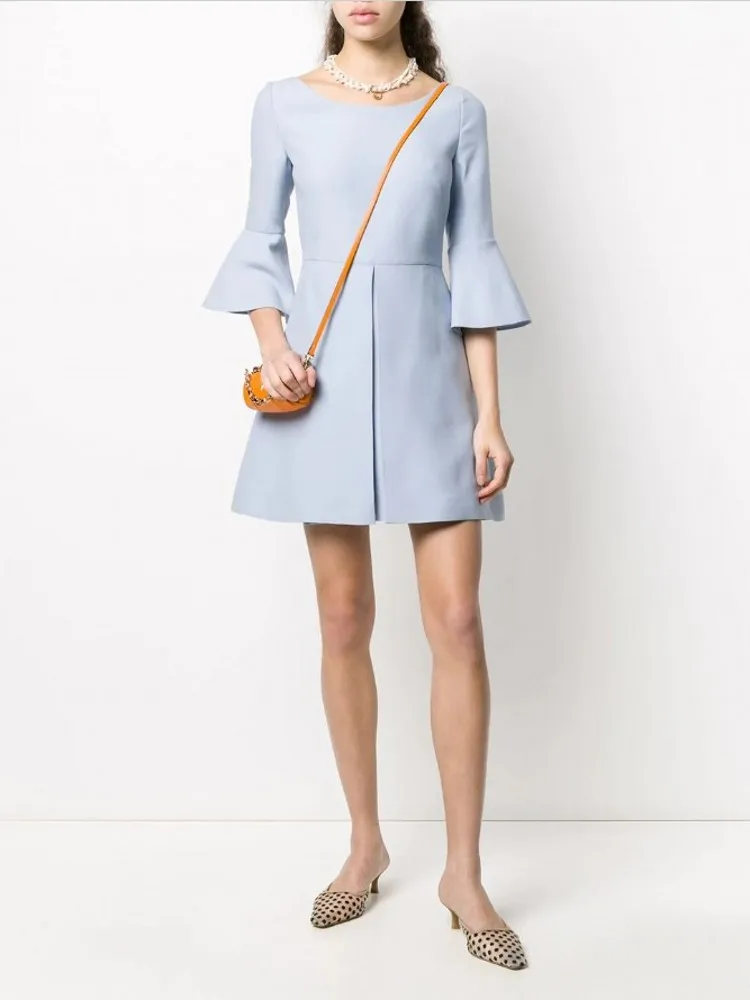 

Fashion Elegant Front Pleated Women Dress 2020 New Simple Half Sleeve Summer Dresses High Quality Flare Sleeve Empire Sundress