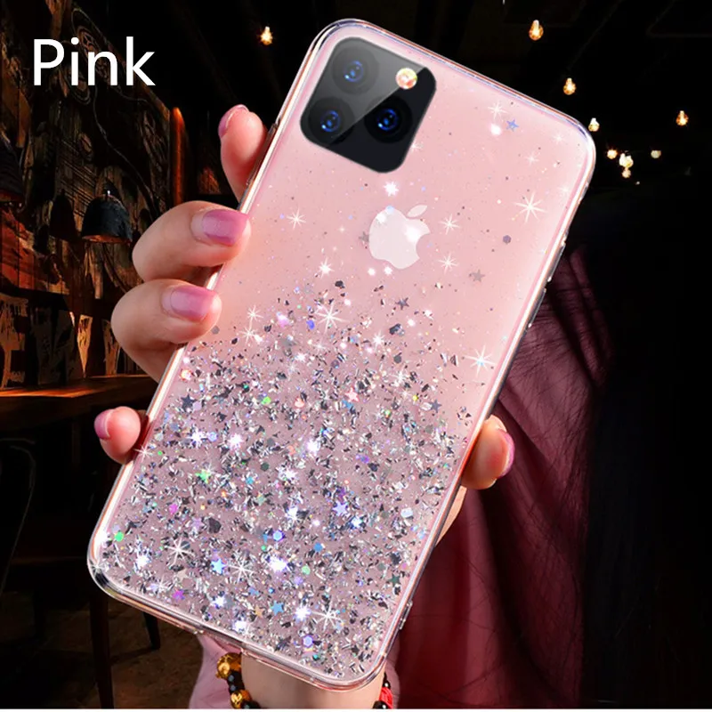 Розовый Чехол для нового IPhone 11 XS Max X XR блестящий чехол прозрачный черный розовый зеленый чехол для Iphone 11 Pro Max - Цвет: Розовый
