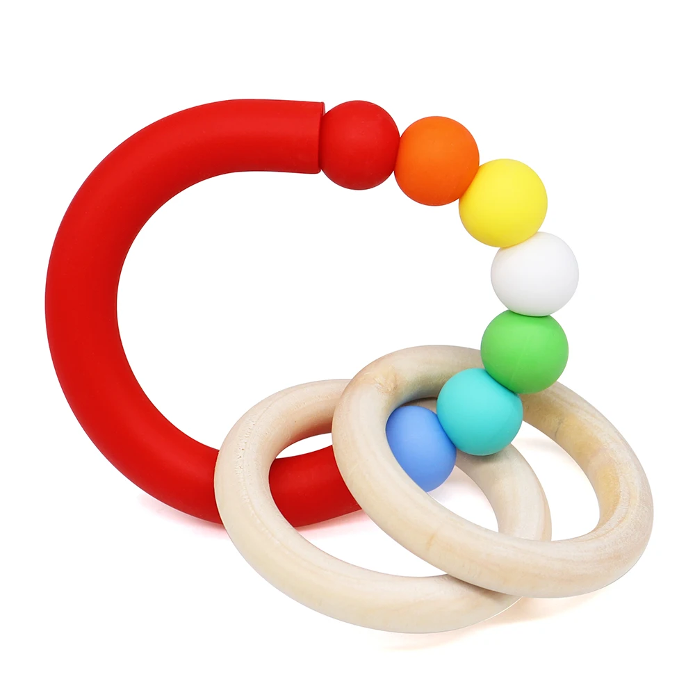 

Colorful 1pcs Baby Rattle Crochet BPA Free Silicone Teether Bracelet Beads Wooden Ring Handmaking Teething Toy For Hand Held