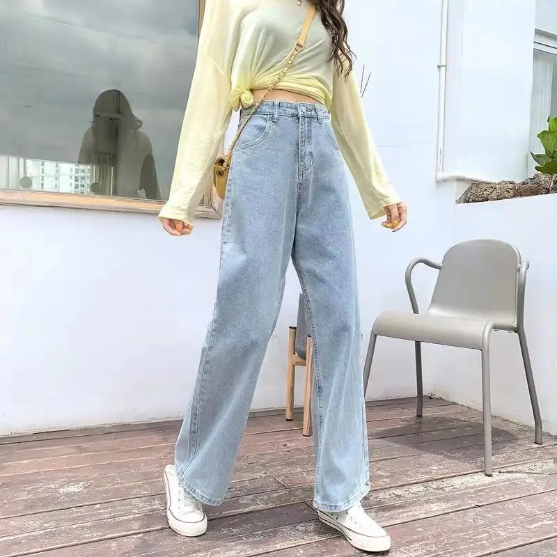 

Женские джинсы, свободные прямые светло-голубые джинсы на пуговицах, женские повседневные джинсовые брюки с высокой талией, Новые широкие б...