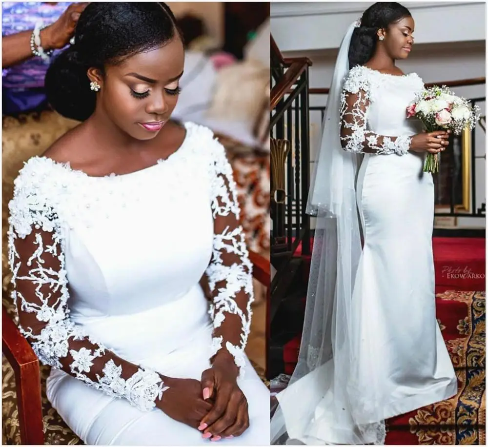 

Женское свадебное платье с длинным рукавом, атласное платье-Русалка