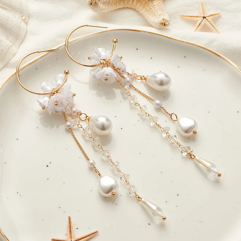 

AENSOA New Korean Flower Pearl Long Earrings For Women White Elegant Long Tassel Earrings Pendientes Wedding Party Jewelry Gift