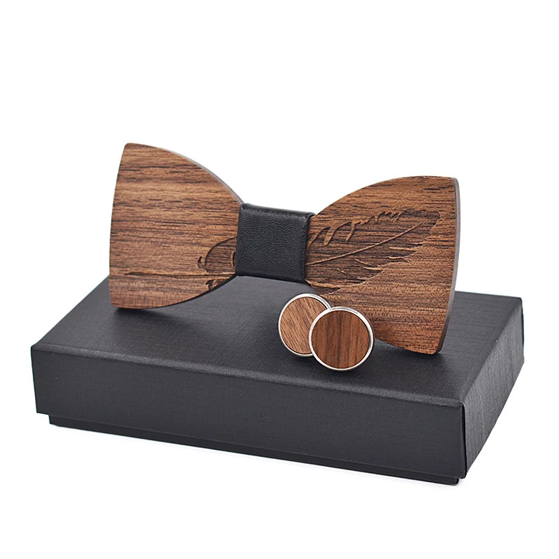 

Linbaiway Retro Wooden Bowtie Cufflinks Set for Men Feathers Pattern Wood Bow Ties Necktie Accessory Wedding Christmas Gifts