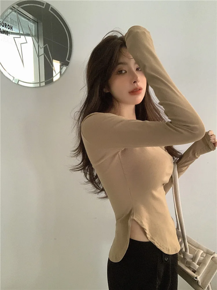 Хлопковая женская футболка с длинным рукавом однотонные женские футболки для