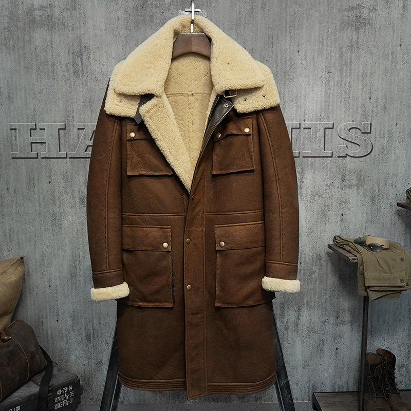 Мужская винтажная шерстяная куртка из натуральной овечьей кожи пальто с