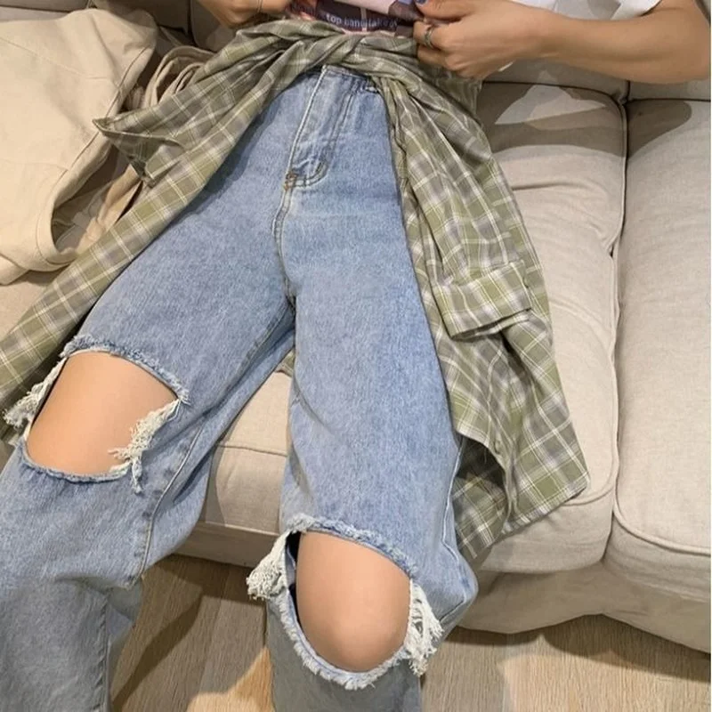 Джинсы женские с дырками модные однотонные повседневные универсальные простые