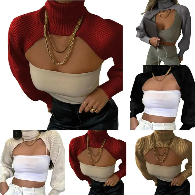 

Cropped Top Knit Sweaters Winter Autumn Warm Thick Casual Coat Round Neck Sweater Open Chest Turtlenecks Shawl Women Clothing