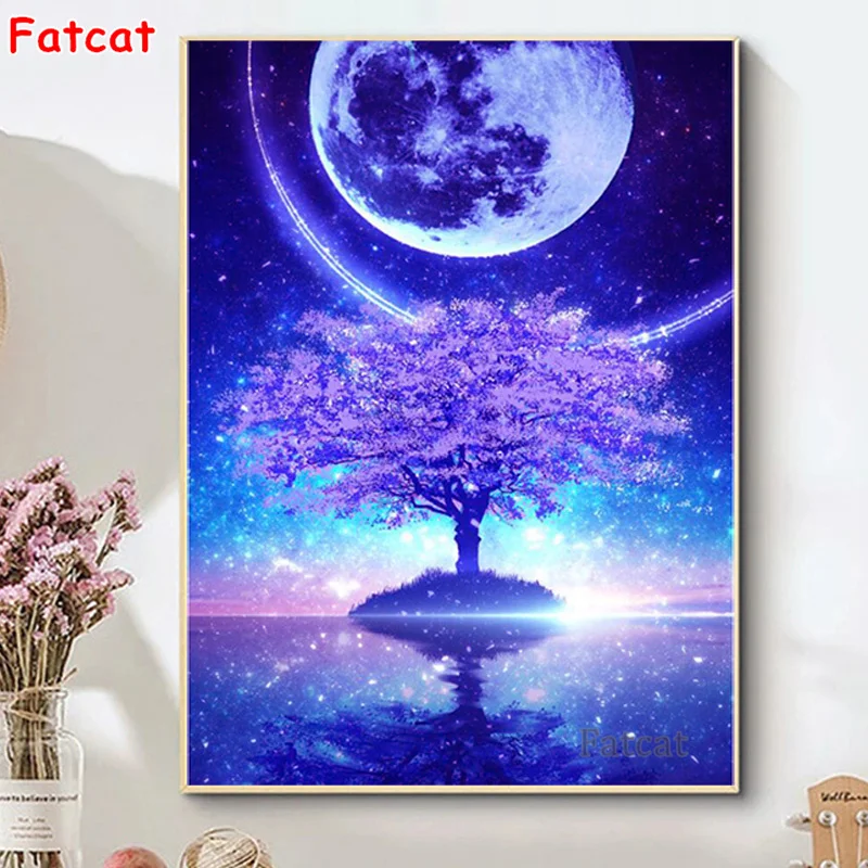 

Алмазная живопись 5D Full Drill, квадратная, круглая, фантазия, романтика, луна, дерево, наборы для вышивки крестиком, «сделай сам», пейзаж, алмазна...