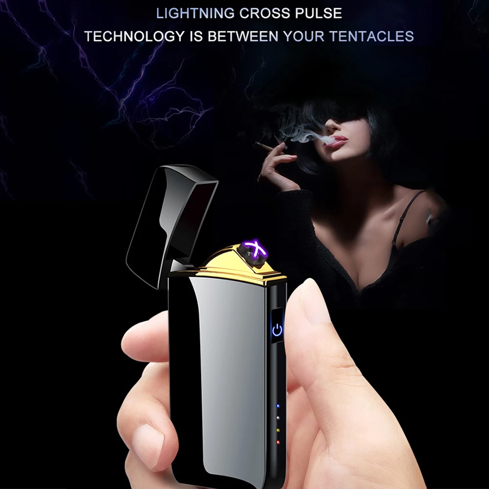 Windproof Electric Dual Arc Lighter USB Rechargeable Flameless Plasma Pulse Cigarette Candle With LED Power Display | Дом и сад