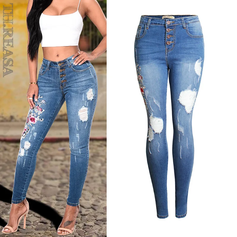 Women's Jeans Pant Elastic Slim Fit High Waist Embroidered Pierced Jeans Pants