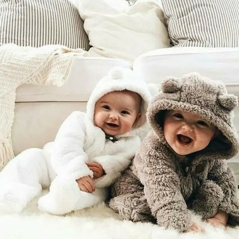 Emmababy Newborn Baby Girls Boys Winter Long Sleeve Solid Color Soft Warm Fuzzy Hooded Romper Jumpsuit Outfits Clothes |