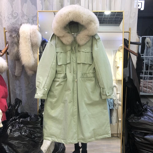 mint green Зимний Большой Лисий воротник ветровка пуховик женский Средний длинный уплотненный с капюшоном парка Mujer большой размер свободная стеганая куртка - Цвет: mint green