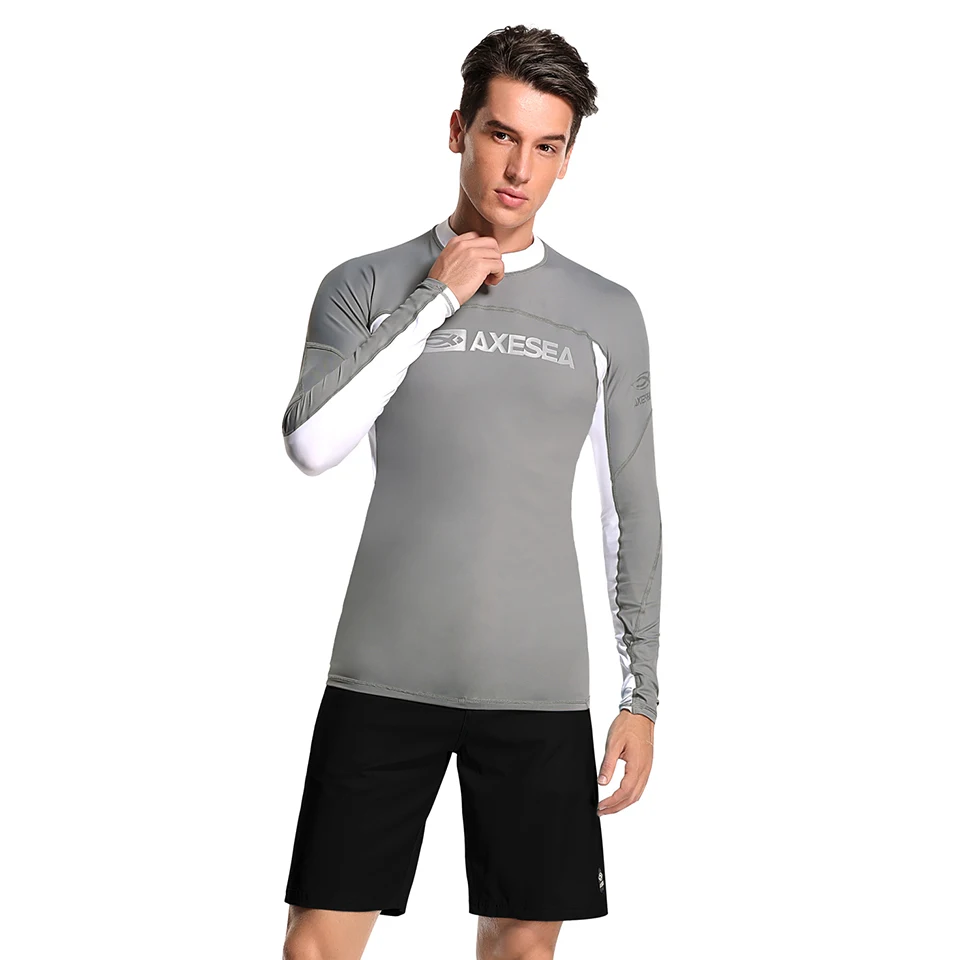 AXESEA Men Rash Guard Patchwork Swimwear Long Sleeve Rashguard Sun Protection Swimsuit Surfing Shirt Top UPF50+ Sport Beachwear