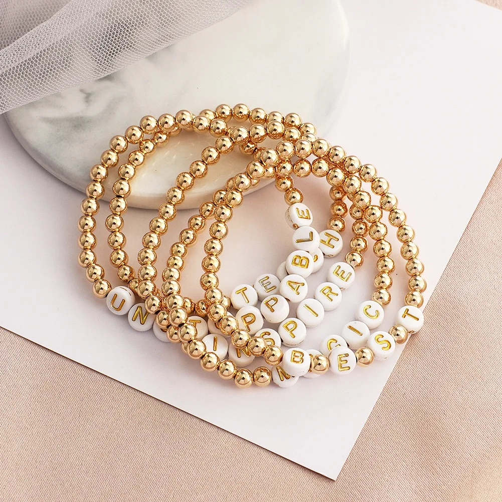 

12 Pcs Wholesale Hand-made Glod-plated Letter Customized Beaded Elastic Bracelet For Women Girls Gifts INS Hottest Fine Jewelry