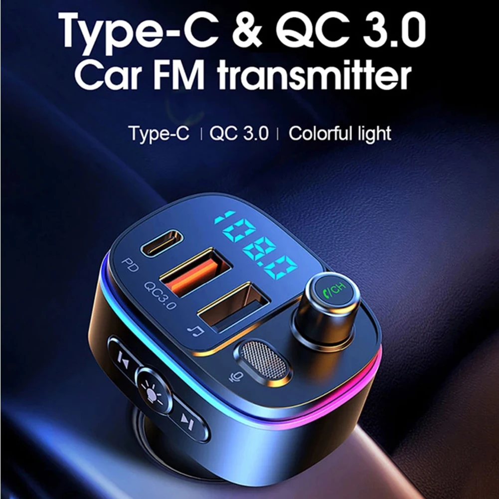 

FM Transmitter Car Bluetooth-compatible 5.0 Handsfree Mp3 Player PD Type C QC3.0 USB Fast Charge Atmosphere Lamp Audio Receiver