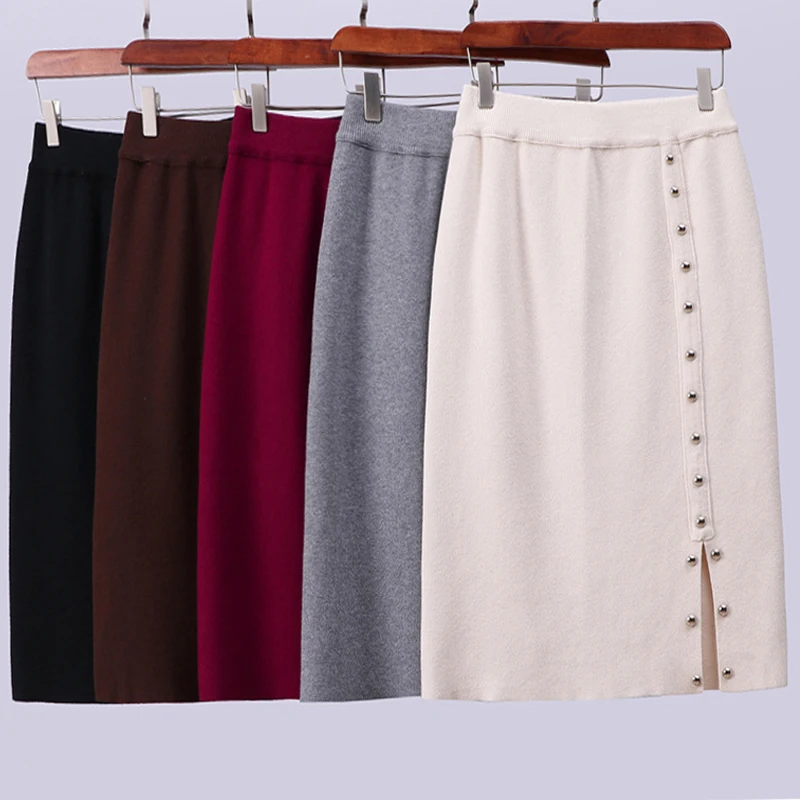 

Women Side Slit Bodycon Elegant Pencil Rivet Elasticity Skirt Autumn Winter Casual Knitted High Waist Skirts Jupe Femme Faldas