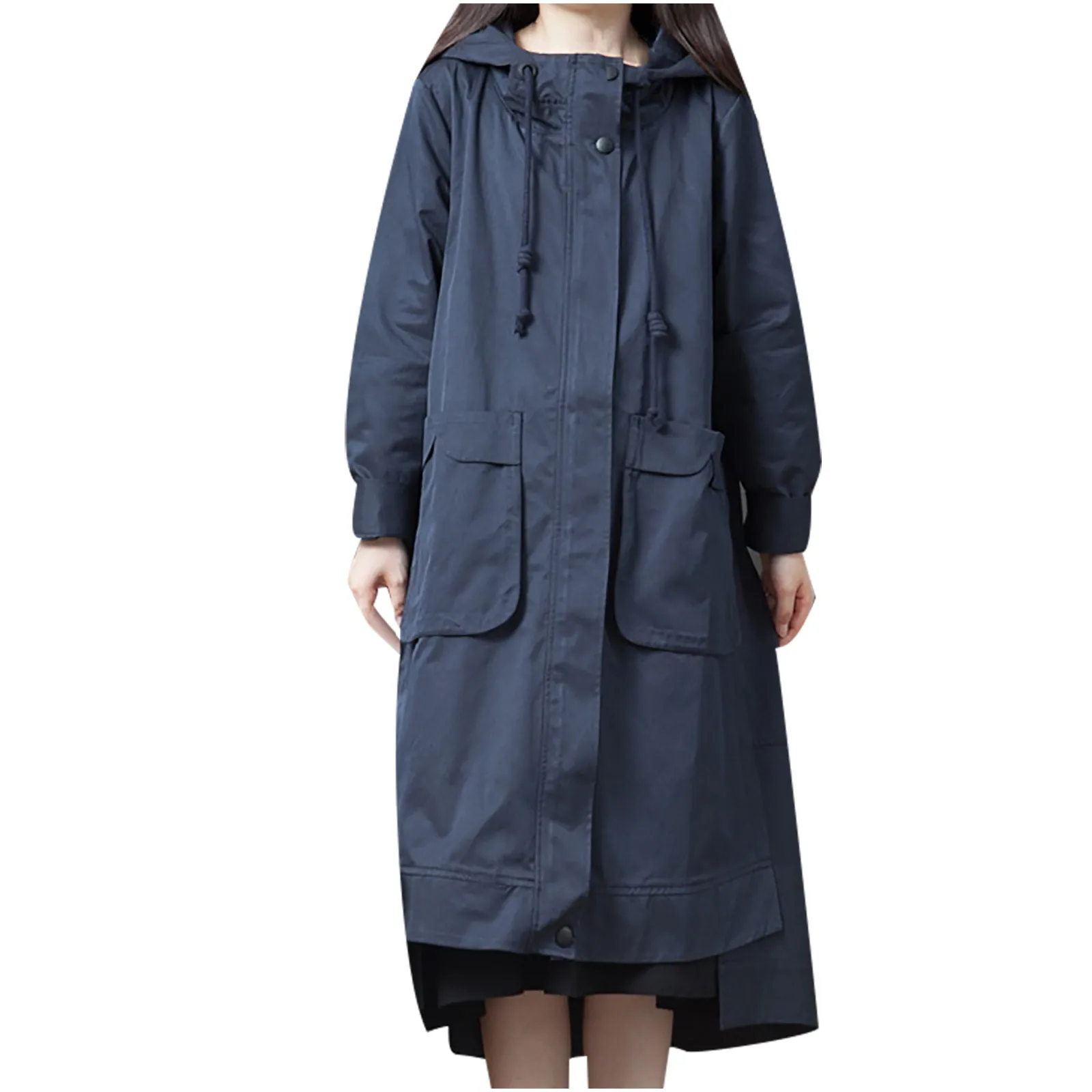 

Длинный Тренч с капюшоном для женщин, ветровка, однотонная, свободная, средней длины, выше колена, с капюшоном, ветровка, верхняя одежда