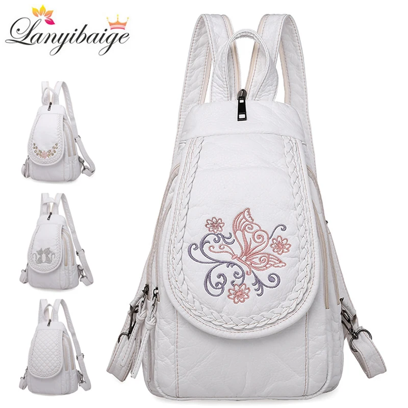 

2021 Fashion Ladies Embroidery Small Backpack High Quality Soft Washed Leather Backpack Women Multifunc Bagpack Mochilas Mujer