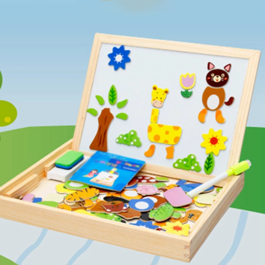 

Children's Wooden Puzzle Multifunctional Double-Sided netic Drawing Board Puzzle-Animal Scene