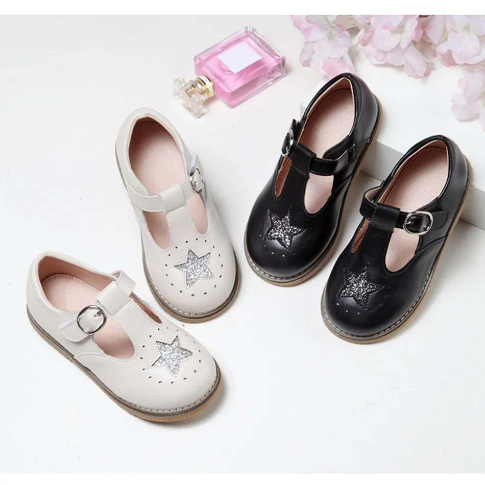 

Kids School Shoes Girls Princess Dress Shoes Black White Classic Ballet Flats Children Fashion Stars PU Leather Mary Jane Shoes