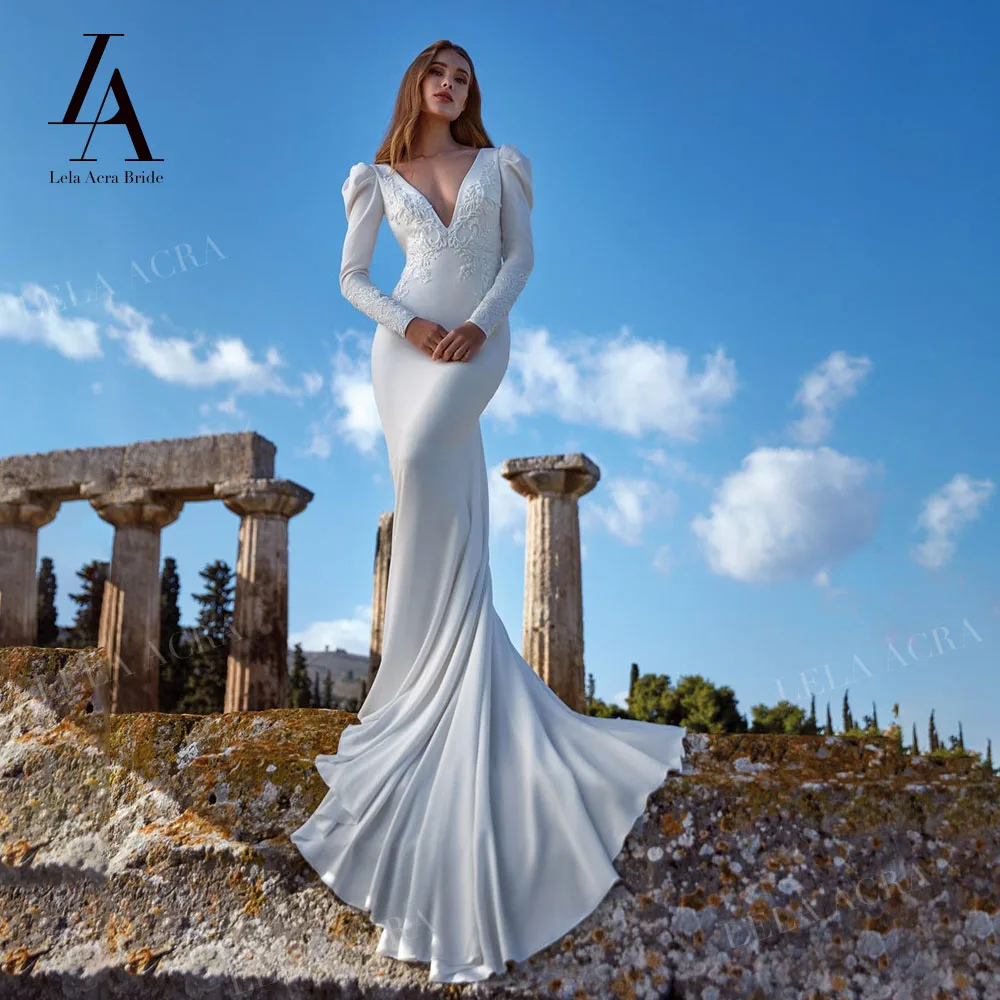 

Женское атласное платье с открытой спиной, V-образным вырезом и длинным рукавом