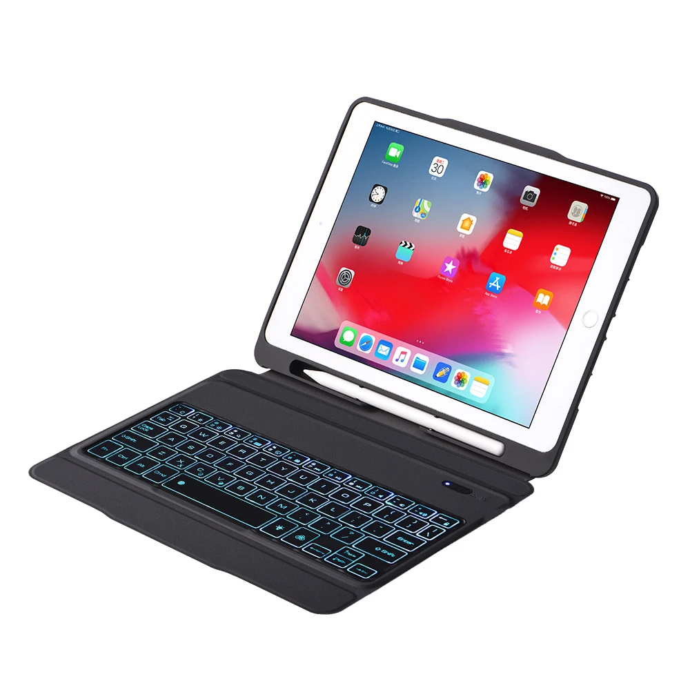 Bluetooth клавиатура с из искусственной кожи чехол для iPad Air 1 2 iPad Pro 9,7 дюймов Bluetooth клавиатура 7 цветов с подсветкой водонепроницаемый
