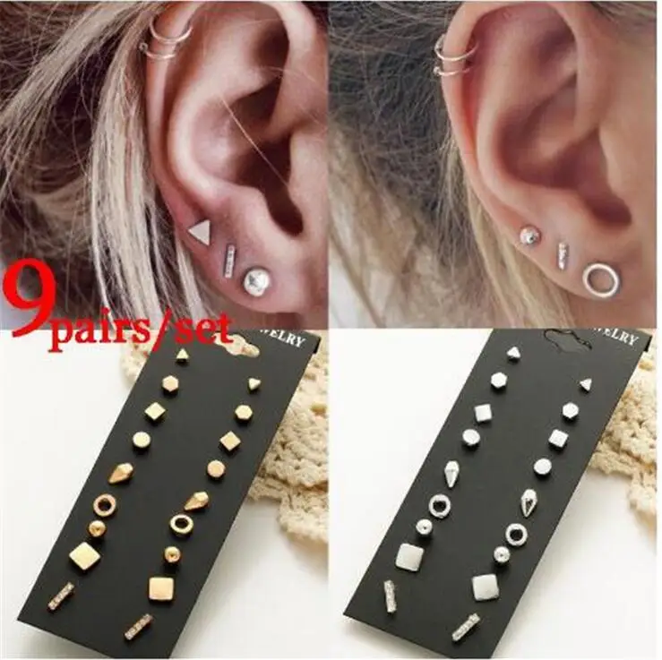 Набор минималистичных смешанных небольших сережек простые геометрические