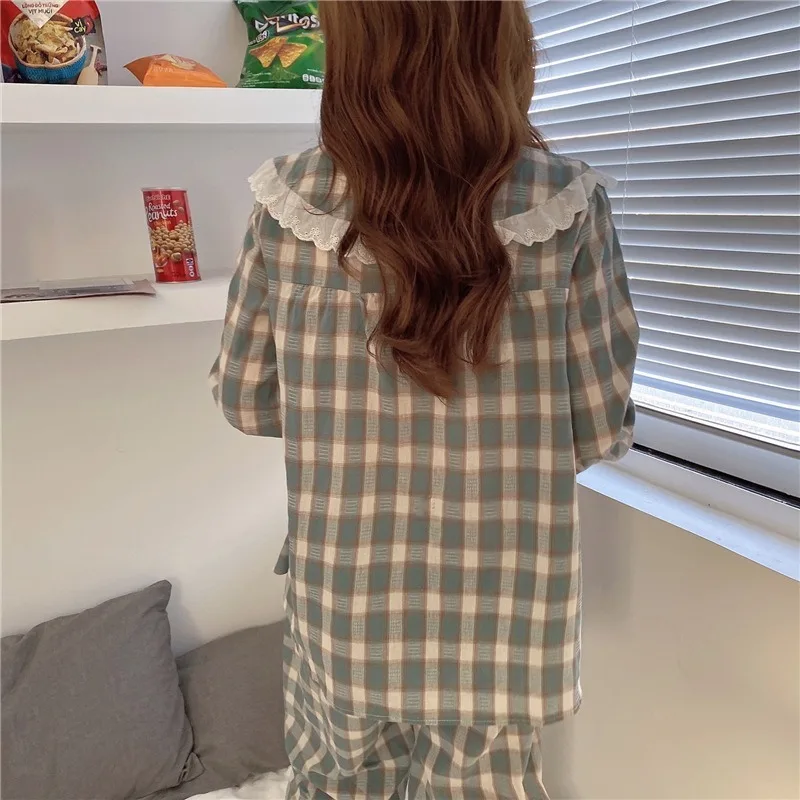 

2020 Spring New Cotton Women's Dress Pajamas Set Sweet Plaid Bow Embroidered Ruffled Loose Two-piece Women's Home Clothes