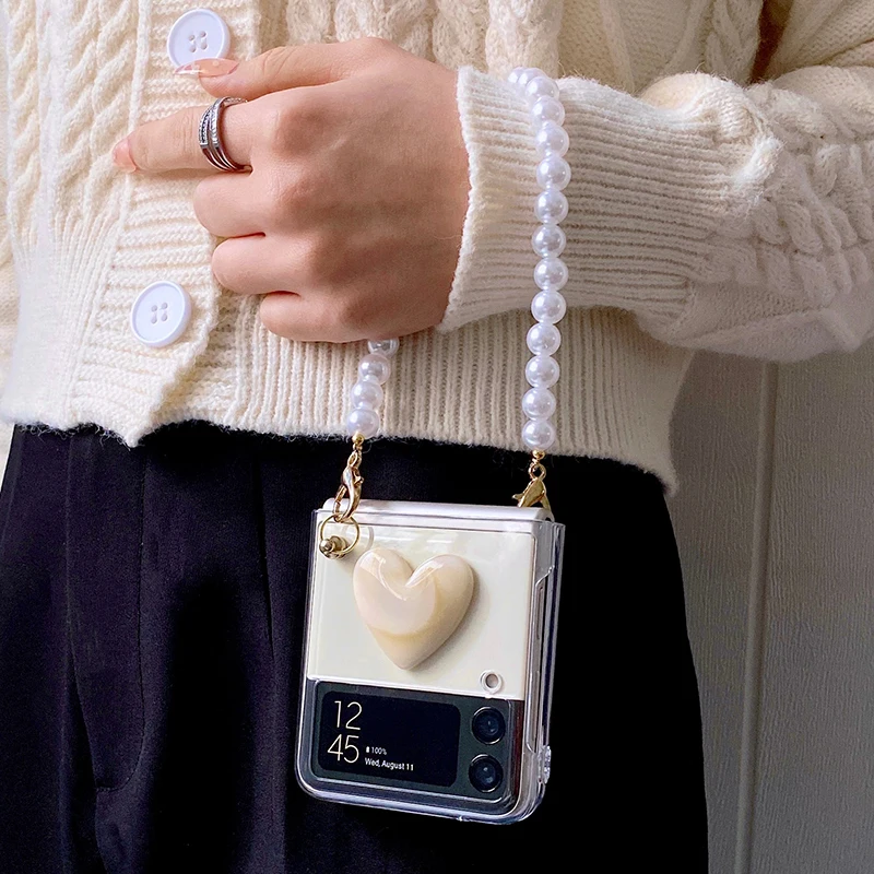 

Z Flip3 3D Marble Love Heart Phone Case For Samsung Galaxy Z Flip 3 5G Korean Woman Portable Pearl Bracelet Clear Hard PC Cover