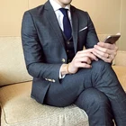 (Пиджак + жилет + брюки) Элитный бренд серый синий мужской деловой Повседневный клетчатый костюм жениха свадебное платье смокинг костюм из трех предметов