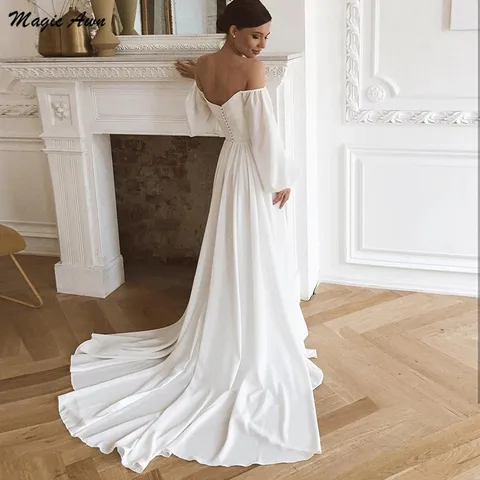 Magic Awn Off Shoulder Chiffon Beach Wedding Dresses Long Sleeves Simple Boho Bridal Gowns With Train For Women Robe Mariage