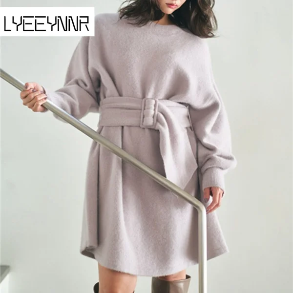 

Bugilaku Slim Waist Lace Up Knitted Dress Women Long Sleeve Sweet O-neck Dresses Japan Style New Arrival Soft Robe Femme Hot