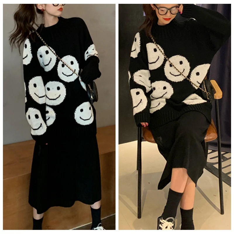 Kendall Jenner Same Style Female Fashion Smile Face Sweater Winter Casual Streetwear Tops Loose Pullover Knit Sweaters Clothes | Женская